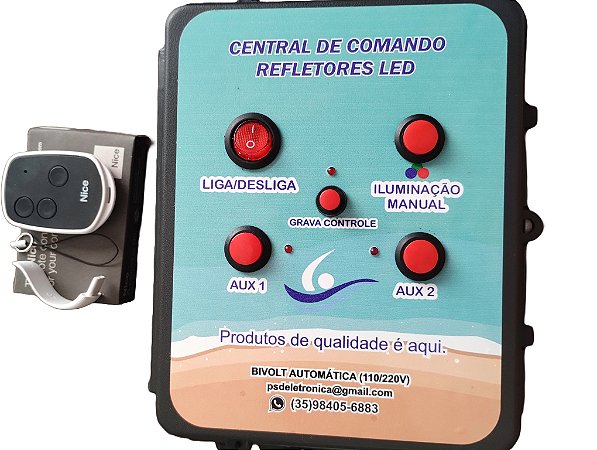 Central de Comando para Refletores de LED RGB em Piscinas C/ 2 Saídas Auxiliares para Acionamento da Motobomba, Hidro.