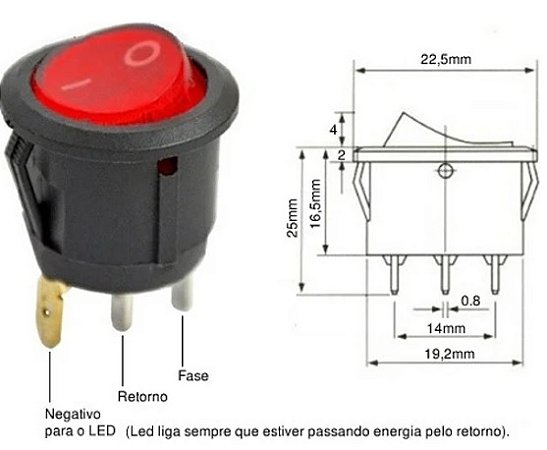 CHAVE GANGORRA REDONDA ON/OFF KCD1-106N 10/6A 250V VERMELHA.