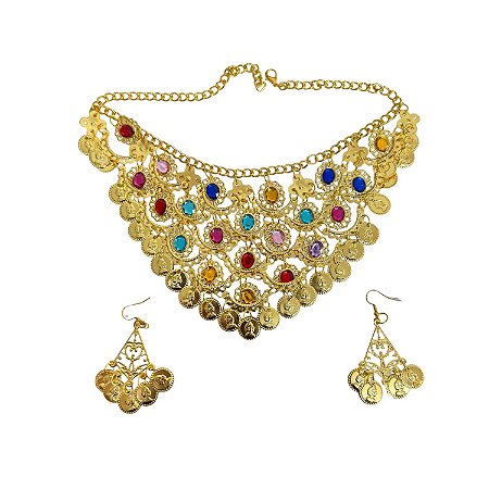 CONJUNTO CIGANO COLAR E BRINCO COLORIDO