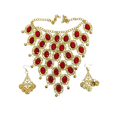 CONJUNTO CIGANO COLAR E BRINCO VERMELHO