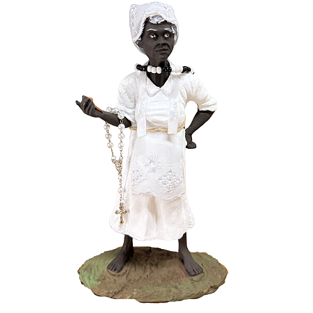 IMAGEM EM RESINA PRETA VELHA EM PÉ COM GUIA E LENÇO