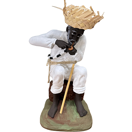 IMAGEM EM RESINA PRETO VELHO COM GUIA E CHAPÉU