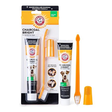 Kit Dental Pasta Enzimática Escova e Dedeira Clareador Carvão Ativado Para Cães Sabor Menta Arm & Hammer