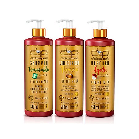 Kit Dolce Pet Shampoo Suave + Condicionador + Máscara Reconstrutora Cereja e Avelã Cães e Gatos