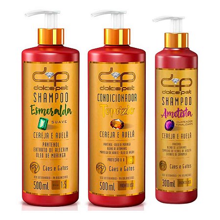 Kit Dolce Pet Shampoo Suave 500 ml + Shampoo Clareador 300 ml + Condicionador Cães e Gatos