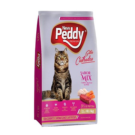 Ração Premium Gatos Castrados 10,1Kg Sabor Mix Carne Frango e Peixe New Peddy