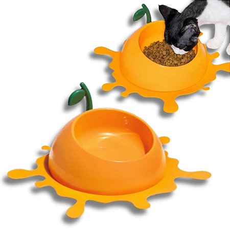 Vetreska Comedouro e Bebedouro Tangerina Com Tapete e Colher Cães Gatos