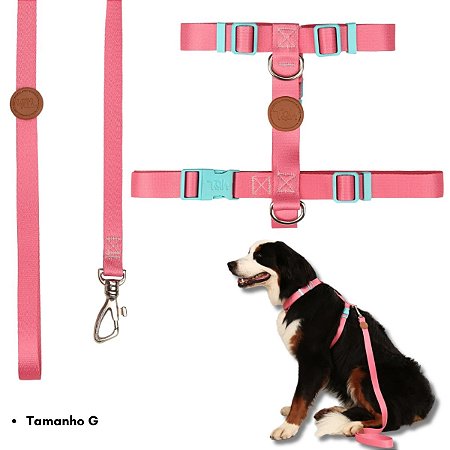 Toh Conjunto Peitoral H e Guia Para Cães Rosa Mosquetão Resistente Tamanho G