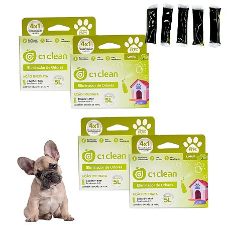 Kit 4 Eliminador de odores Limão Desinfetante Seguro P/ Pets C1 Clean Rende 5L