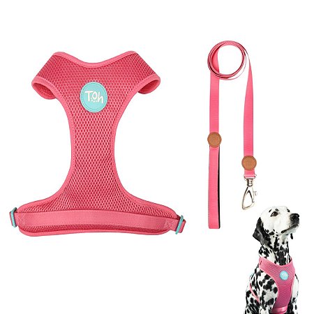 Kit Peitoral Mesh H Toh PP + Guia Alça Comfort 1,5m Para Cães Rosa