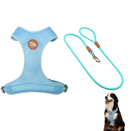Kit Peitoral Mesh H Toh PP + Guia Corda 1,20m Para Cães Azul