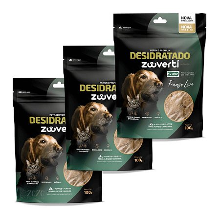 Kit 3 Frango Leve Petisco Desidratado Natural Para Cães e Gatos Zooverti