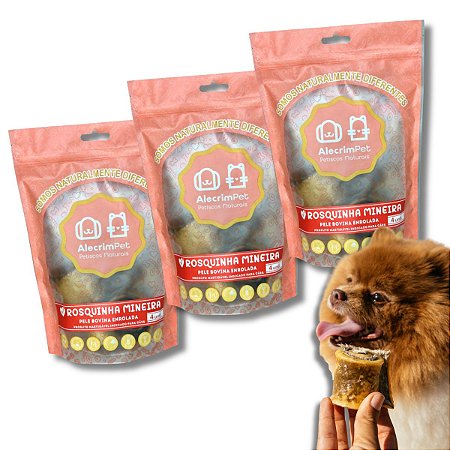 Kit 3 Pele Bovina Enrolada Mordedor Natural Para Cães Rosquinha AlecrimPet