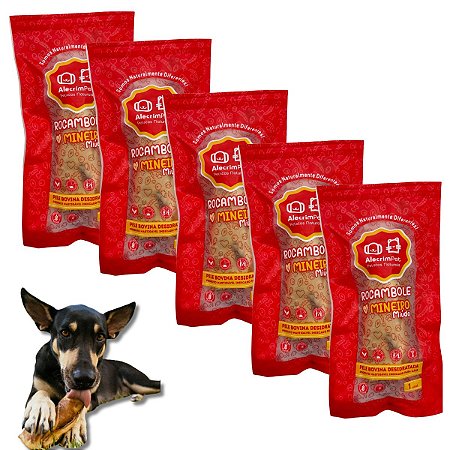 Kit 5 Pele Bovina Enrolada Mordedor Natural P/ Cães Rocambole  Miudo AlecrimPet