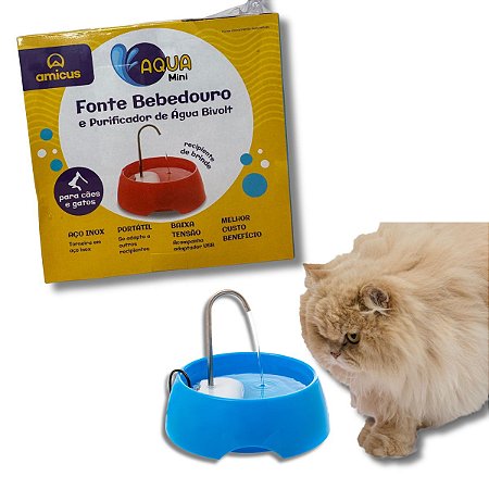 Fonte Bebedouro e Purificador de Água Bivolt Para Cães e Gatos Aqua Mini Azul Amicus