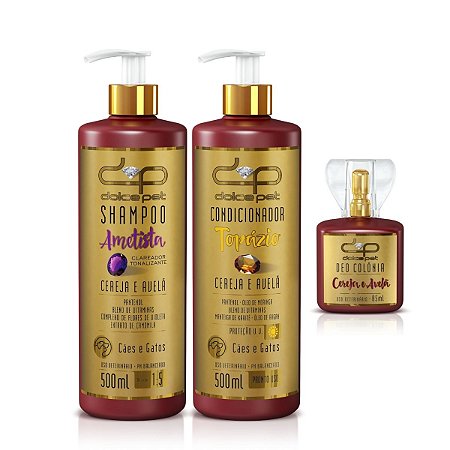 Kit Dolce Pet Shampoo Clareador Condicionador Perfume Cereja e Avelã Cães Gatos