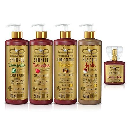 Kit Dolce Pet Shampoo Suave + Neutralizador + Condicionador + Máscara Reconstrutora + Perfume Cereja e Avelã Cães e Gato