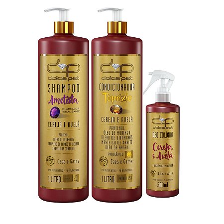 Kit Dolce Pet Shampoo Clareador 1:5 Condicionador e Perfume Cereja 500ml Cães