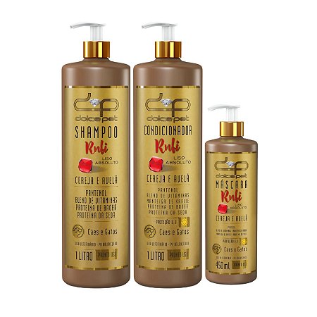 Kit Dolce Pet Shampoo Condicionador Liso 1L e Máscara Liso 450ml Cereja e Avelã Cães e Gatos