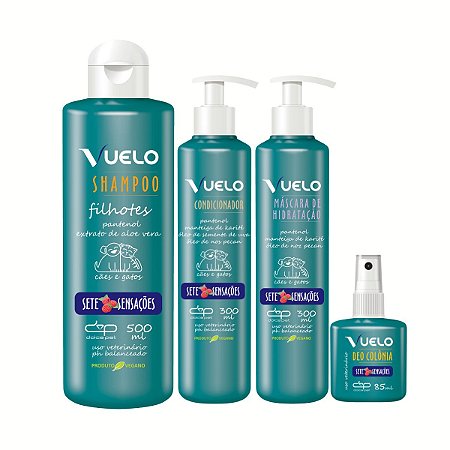 Kit Shampoo Filhotes Condicionador Máscara e Perfume Sete Sensações Vuelo Cães
