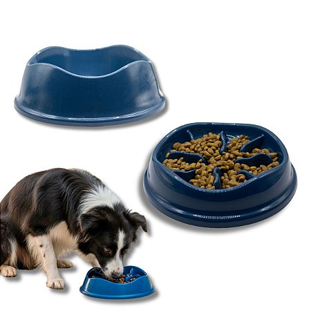 Kit Comedouro Lento Interativo e Bebedouro Para Cães Stark Slow 550ml Azul Cobalto