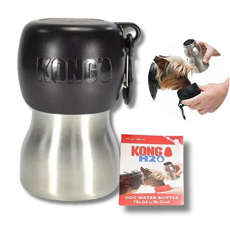 Kong Garrafa Bebedouro Portátil Para Cães Aço Inoxidável Preta 280ml