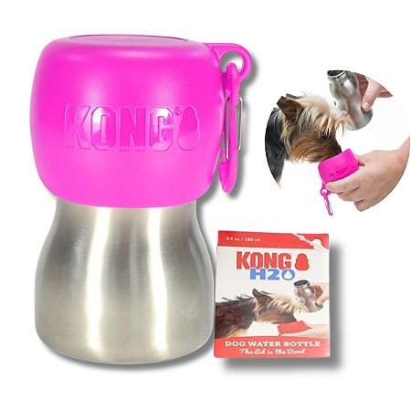 Kong Garrafa Bebedouro Portátil Para Cães Aço Inoxidável Rosa 280ml