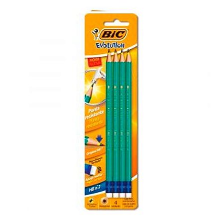 LAPIS EVOLUTION CORPO VERDE HEXAGONAL COM BORRACHA C/4 UN BLISTER BIC