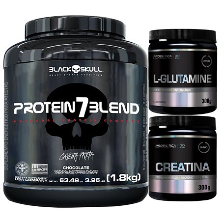 Protein 7 Blend 1,8kg - Black Skull Amendoim + Glutamina 300g + Creatina 300g Probiótica