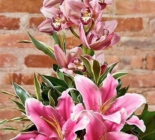 Arranjo de orquídeas e lírios