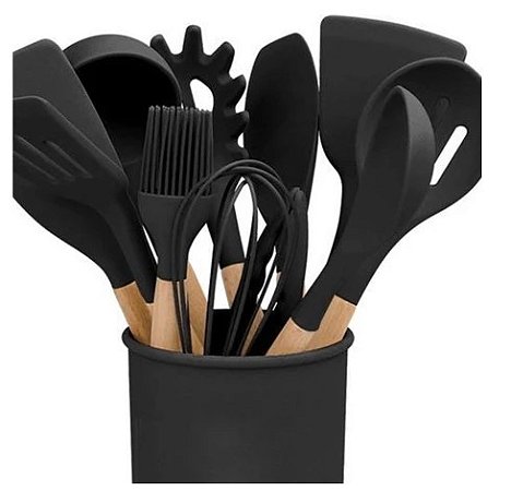 Kit Utensílios Cozinha Silicone 12 Peças Preto