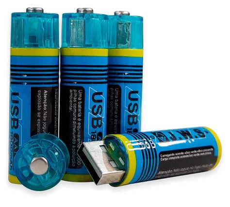 Kit 4 Pilhas USB Recarregáveis AA 1800mAh
