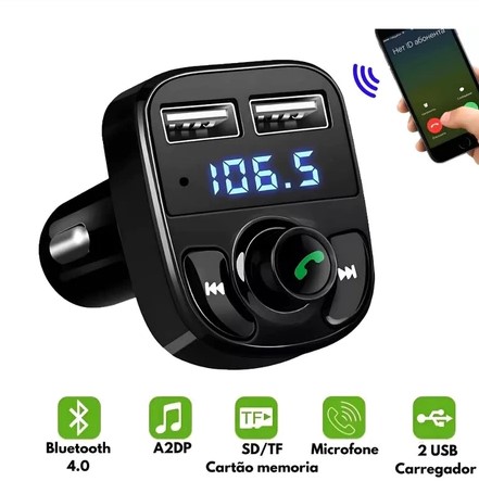 Transmissor FM Bluetooth Veicular com Carregador USB