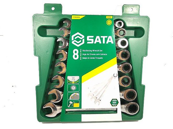 JOGO CHAVE COMBINADA COM CATRACA 8 PEÇAS DE 8 A 19MM SATA