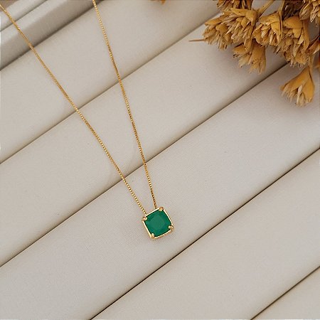 Colar Quadrado Jade Banhado a Ouro 18K
