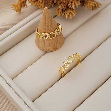 Anel Meio Coração Liso / Zircônia Banhado a Ouro 18K