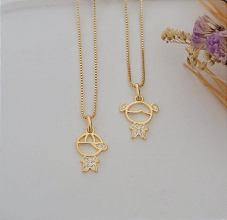 Colar Filha / Filho Microzirconia Banhado a Ouro 18K