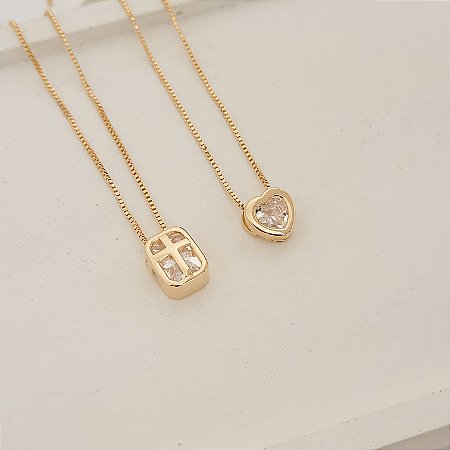 Escapulário Coração / Cruz Cristal  Banhado a Ouro 18K