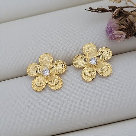 Brinco Flor C/ Zircônia Banhado a Ouro 18K