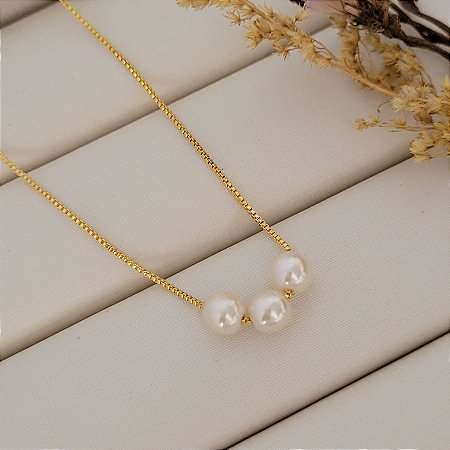 Colar 3 Perolas 6MM Banhado a Ouro 18K