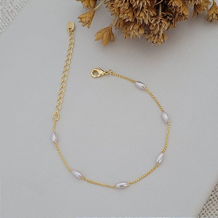 Pulseira Pérola Feijãozinho Banhado a Ouro 18K