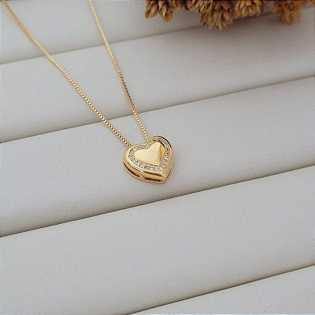 Colar Coração Maciço c/ Zircônia Banhado a Ouro 18K