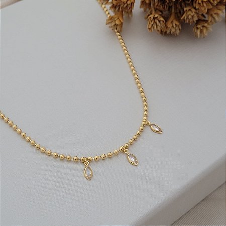 Colar Bolinha c/ Gotinhas de Zircônia Banhado a Ouro 18K