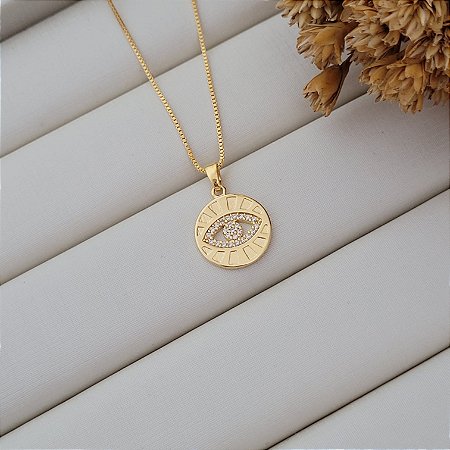 Colar Olho Grego c/  Zircônia Banhado a Ouro 18K