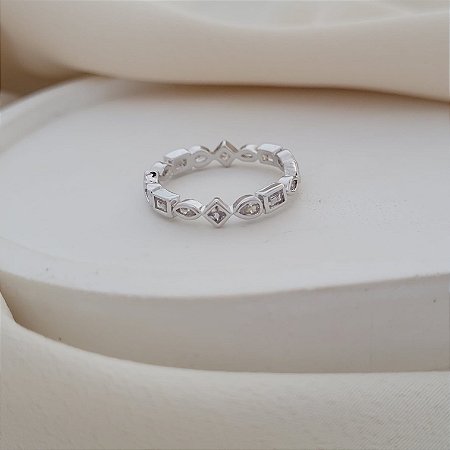 Anel Pedra Geométrica Banhado a Ródio Brancoo