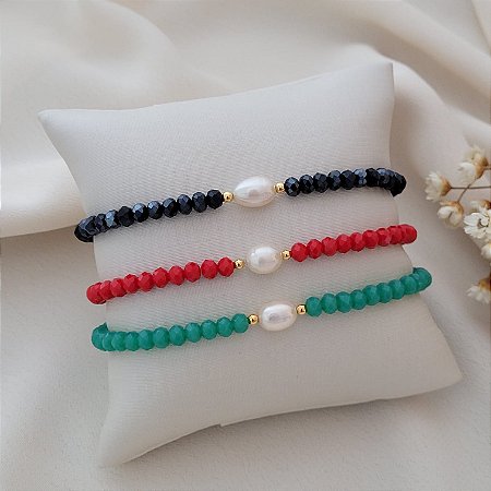 Pulseira de Cristais c/ Pérola Barroca Banhado a Ouro 18K