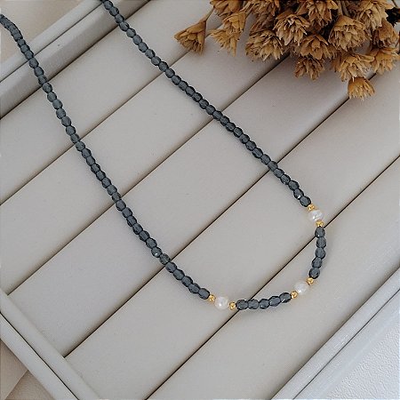 Colar de Cristais 3MM c/ Pérolas Barroca Banhado a Ouro 18K