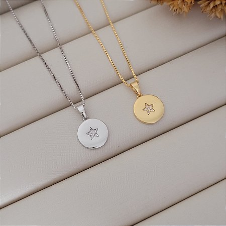 Colar Medalha Estrela c/ Zircônia Banhado