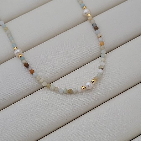 Colar de Pedras Naturais Amazonita c/ Pérola Água Doce Banhado a Ouro 18K