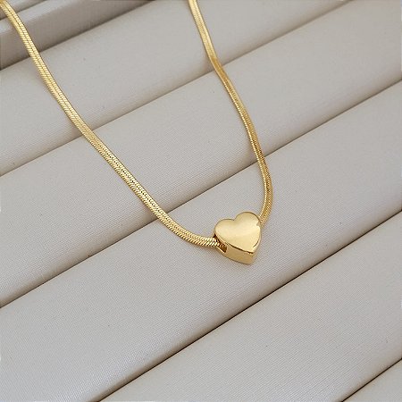 Colar Fita 2mm c/ Coração Banhado a Ouro 18K